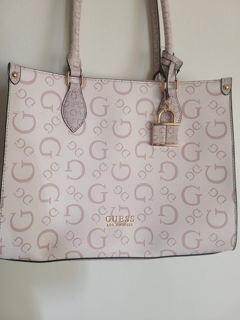 GUESS Pink Logo Print Tote with Gold Hardware